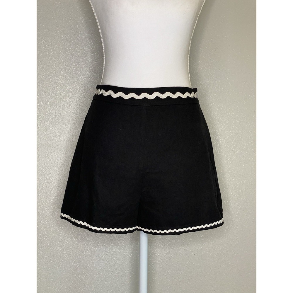 Rickrack Trim High Waist Shorts Black Linen‎ Blend Pinup Coastal Preppy XS/S